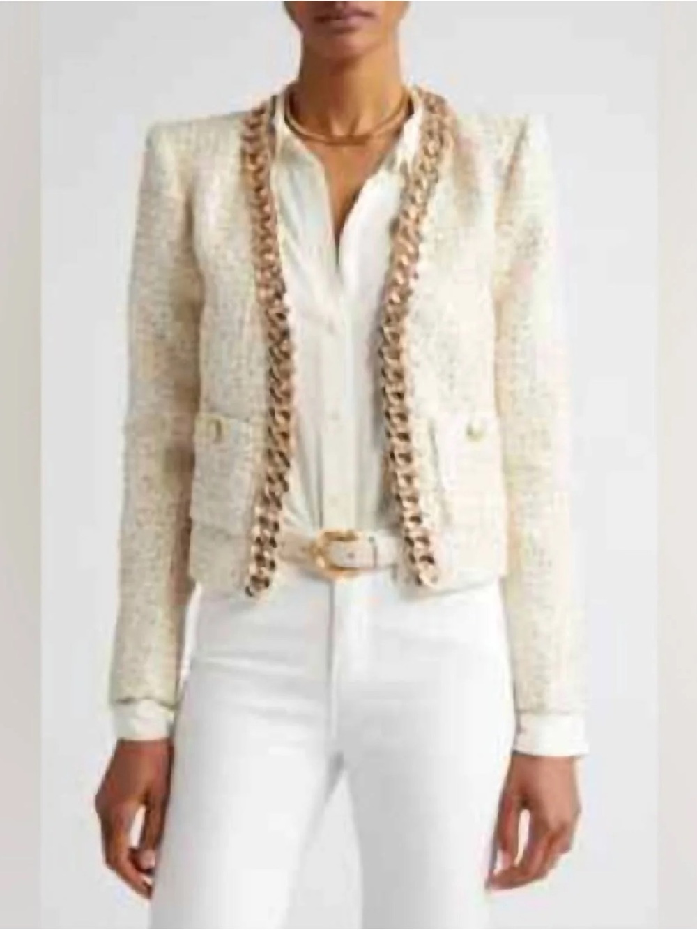 L’agence Elegant Cream Tweed Chain-Trim Jacket